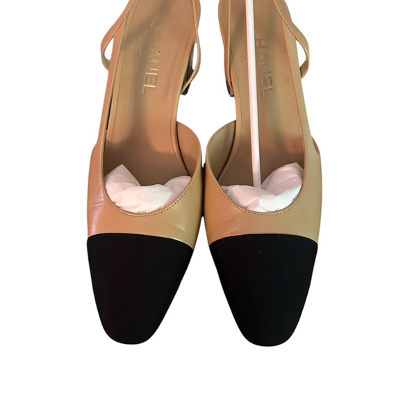 CHANEL Shoes - CHANEL Beige Leather Slingback Pumps with Black Cap Toe